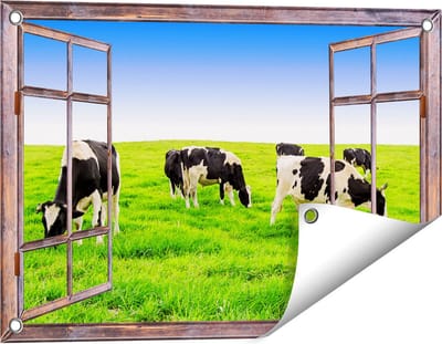 Gards Tuinposter Doorkijk Kudde Koeien in de Wei - Hemel Blauwe Lucht - 60x40 cm - Tuindoek - Tuindecoratie - Wanddecoratie buiten - Tuinschilderij