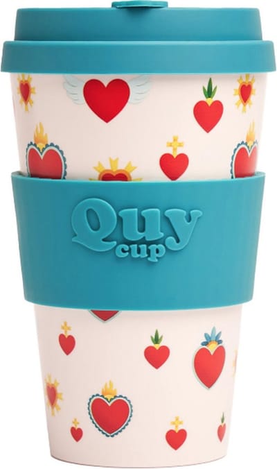 Quy Cup 400ml Ecologische reisbeker - "Sacred" - Gerecycleerde flessen met licht blauw se siliconen deksel 9x9xH15cm