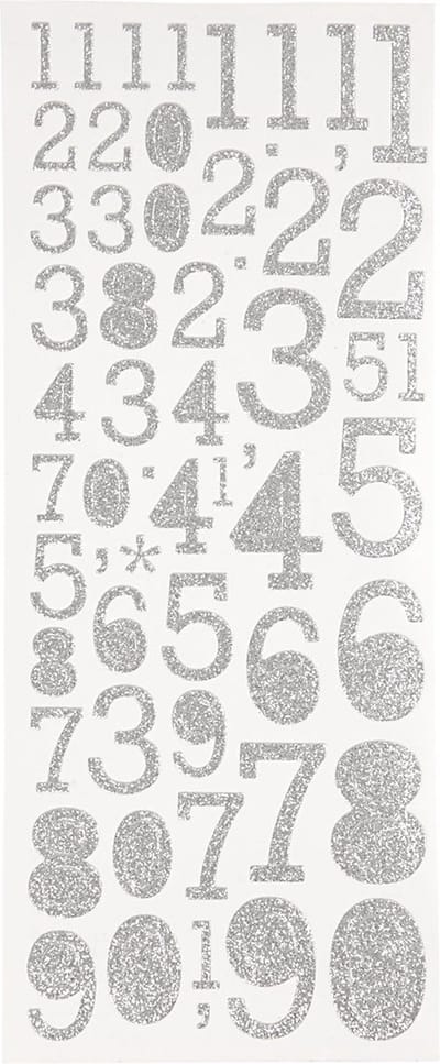 Glitterstickers, cijfers, vel 10x24 cm, zilver, 2 vel/ 1 doos