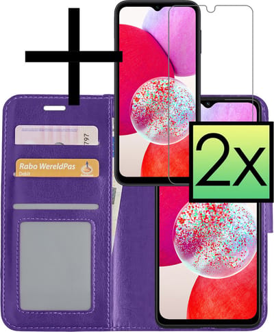 Hoesje - Met 2x Screenprotector - Geschikt voor Samsung Galaxy A14 - Luxe Pasjeshouder - Bookcase Portemonee - Flip Case - Kunstleer Book Case - Flipcase Hoes - Book Cover - Walletcase - Portemonneehoes - Paars