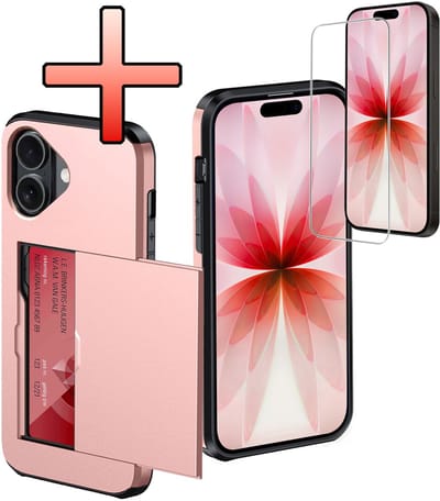 Hoes Geschikt voor iPhone 17 Hoesje Pasjeshouder Hard Cover Met Screenprotector Shock Proof Hard Case Hoes Met Kaarthouder - Rosé goud