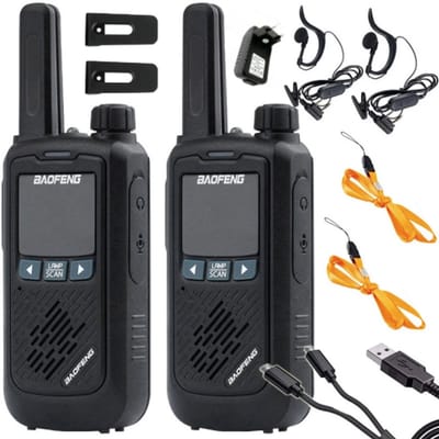 HMWR BF-T17 Walkie Talkie Set – 2 Stuks – PMR Portofoons met 8 km Bereik – 16 Kanalen – Inclusief Oortjes, Laders & Oplaadbare Accu’s – Zwart