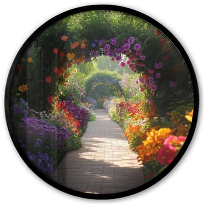 Poster in lijst Rond - Fotolijst 40x40 cm - Posters - Doorkijk - Pad - Bloemen - Struik - Kleurrijk - Ronde posterlijst zwart - Decoratie - Wanddecoratie woonkamer - Muurdecoratie slaapkamer