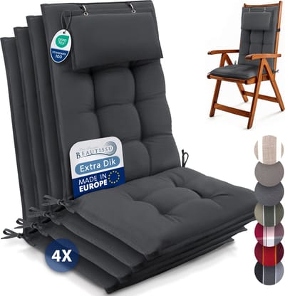 Beautissu Sun-HL – Set van 4 Premium Hoge Rugleuning Stoelkussen 120x50 cm – UV-bestendig – 8cm Dik – met Hoofdkussen & Bevestigingsbanden – Antislip – Antraciet