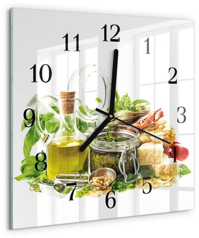 Tulup Wandklok - Pasta met olie Decoratieve Glazen Klok - 30x30 cm - Veelkleurig Glazen Wandklok Design - Zwarte Handen - Vierkante Wandklok - Gekleurde Glazen Klok - Glazen Klok Met Print