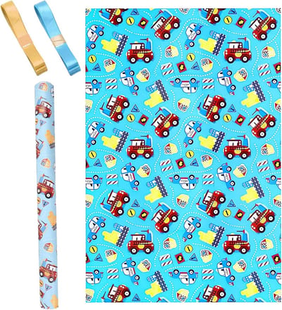 Verjaardags cadeaupapier voor jongens 51 x 75 cm met 2 linten in goud en luchtblauw, ideaal voor feestelijke verrassingen en kindercadeaus