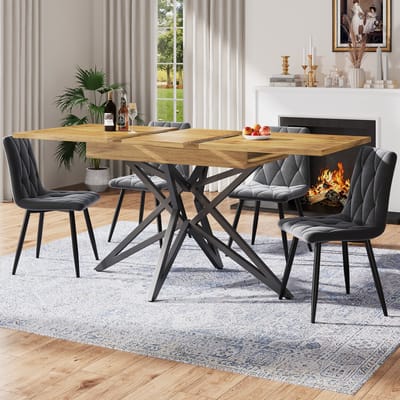 Eettafel - 120-160x80 cm - Verlengbaar met Sterpoten - Marmer-look - IJzer en Walnoot - Walnoot