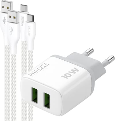 Phreeze usb adapter 2.4 A - Dual usb poorten - 12 W oplaadset met 2 usb naar usb C kabels 1 m - Voor telefoon, tablet en speaker