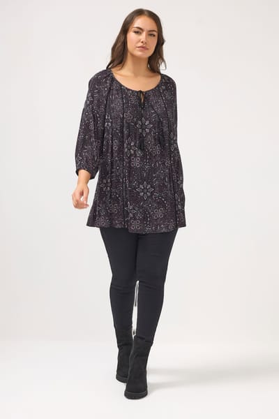 Yours Zwarte Top Met Paisleyprint En Strik Aan De Hals Size 42