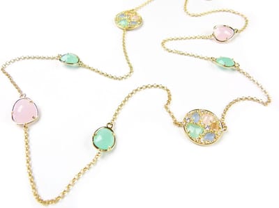 Zilveren collier halsketting geel goud verguld Model Colourful Shine gezet met groene , roze en oranje stenen