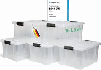 Novaliv 5x opbergdozen met deksel 15L transparant nestbaar stapelbaar opbergdozen met clipsluiting kunststof doos BPA-vrij 41 x 29 x 20 cm