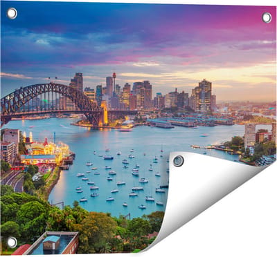 Gards Tuinposter Sydney Harbour Bridge in de Avond - 50x40 cm - Tuindoek - Tuindecoratie - Wanddecoratie buiten - Tuinschilderij