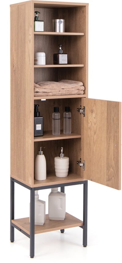 COSTWAY Badkamerkast met 6 verdiepingen, smal, vrijstaande hoge kast met deur en verstelbare planken, ruimtebesparend voor badkamer, keuken, woonkamer, 38 x 30 x 146 cm (natuur)