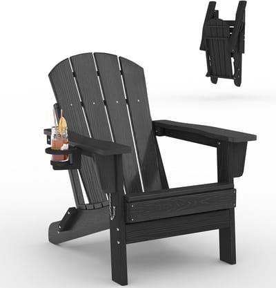 1 stuks opvouwbare Adirondack tuinstoel HDPE met bekerhouder, weerbestendig houtlook, zwart