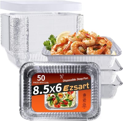 50x Wegwerp Aluminium Bakvormen met Deksel - Ovenbestendige Folie Pannen voor Taart, Koken en Catering (2,25 LBS / 8,5x6 Inch)