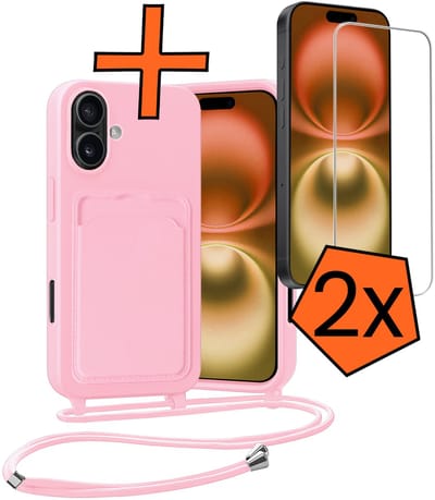 Hoesje Geschikt voor iPhone 16 Plus Hoesje Met Telefoonketting Pasjeshouder Case Met 2x Screenprotector Koord - Hoesje Geschikt voor iPhone 16 Plus Hoes Met Kaarthouder - Lichtroze