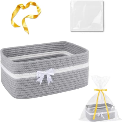 Lege opbergmand van katoenen touw met handgrepen, ideaal voor het opbergen van snacks, speelgoed en kleding, 34,5 x 25,5 x 15 cm, grijs, met cadeauzakje en lint