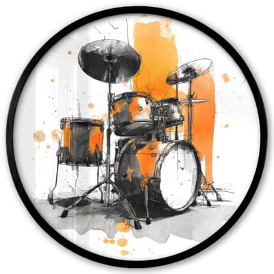 Poster in lijst Rond - Fotolijst 40x40 cm - Posters - Drumstel - Oranje - Zwart - Aquarelverf - Ronde posterlijst zwart - Decoratie - Wanddecoratie woonkamer - Muurdecoratie slaapkamer