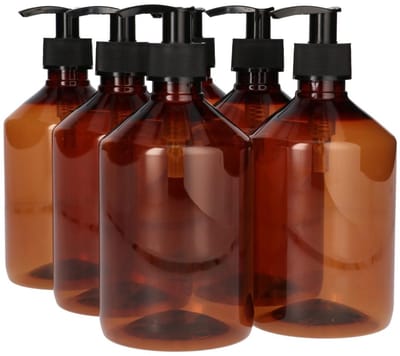 6 x 500 ml Pharma PET Fles Bruin met Dispenserpomp Zwart- PET Kunststof BPA-vrij - Plastic Flessen Navulbaar - Met Dop - Lege Flessen - 6 stuks