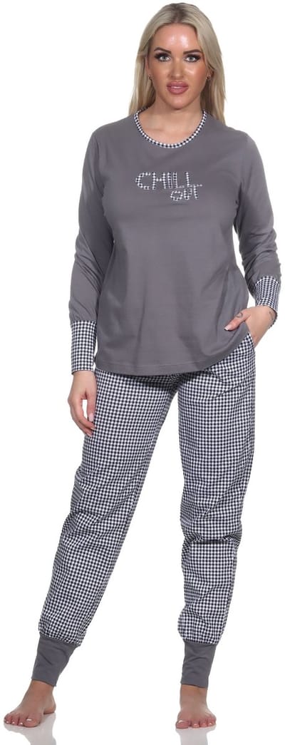 Normann Dames Pyjama Lange Mouwen met Manchet, Pepita Look Broek, Front Print Top