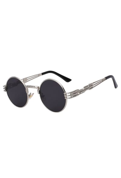 KIMU® Ronde Zonnebril Steampunk Heren - Zilver Montuur Rond - Zwarte Glazen - Vintage Retro Hippie Zilveren Hipster Brilletje Festival