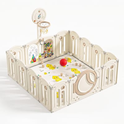 Tiflie™ Star & Moon grondbox met 8 activiteiten – basketbalring, tekenbord, blokkenplaat, speelmat & 100 ballen – inklapbaar, 6 mnd–4 jaar, 120×120 t/m 160×160 cm
