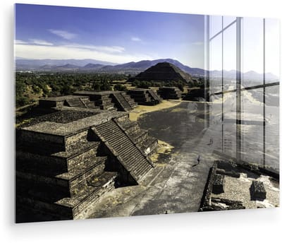 ® Glasschilderij 180x120 cm - Schilderij acrylglas - Uitzicht vanaf de Maan Piramide over de piramides in Teotihuacán - Foto op glas - Muurdecoratie woonkamer - Wanddecoratie slaapkamer - Schilderijen
