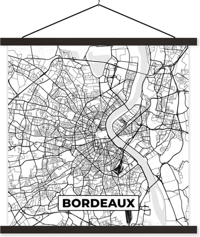 Posterhanger incl. Poster 60x60 cm - Schoolplaat - Kaart - Plattegrond - Bordeaux - Frankrijk - Stadskaart - Zwart wit - Textielposter - Zwarte latten - Stadskaart