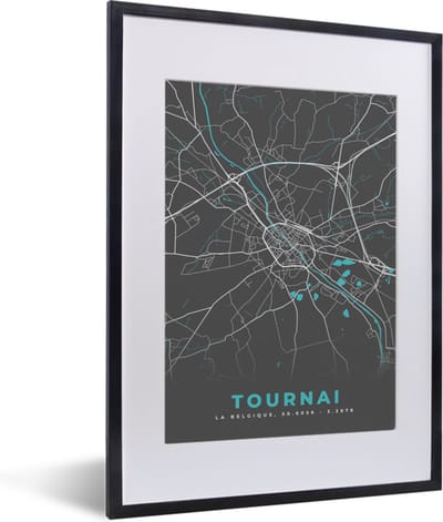 Fotolijst incl. Poster - Kaart – Plattegrond – Stadskaart – Tournai – België - Grijs - 30x40 cm - Posterlijst