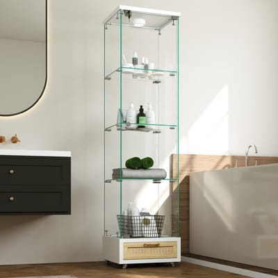 Vitrinekast - 42,5x36,5x167 cm - LED Verlichting met Lade en 4 Planken - Gehard Glas - Wit