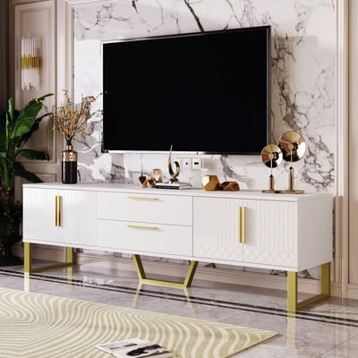 MODENUIT Tv-meubel - Hoogglans Met 4 Deuren En Kabeldoorvoer - Voor Woonkamer - MDF Wit En Goud - 170x40x53,5 Cm