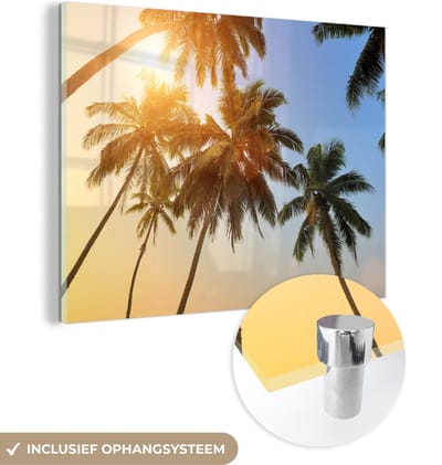 MuchoWow® Glasschilderij 40x30 cm - Schilderij acrylglas - Palmboom - Zon - Zomer - Tropical - Foto op glas - Schilderijen