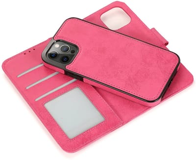 geschikt voor iPhone 13 Pro Max 2-in-1 Hoesje met Magnetische Backcover - Telefoonhoesje met vakjes voor pasjes - Inclusief polsbandje - Mobiq Magnetische 2-in-1 Wallet Case geschikt voor iPhone 13 Pro Max roze