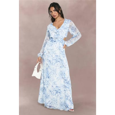 boohoo Dames Petite Floral Chiffon Maxi-jurk met volumineuze mouwen | Blauw | Maat: 44