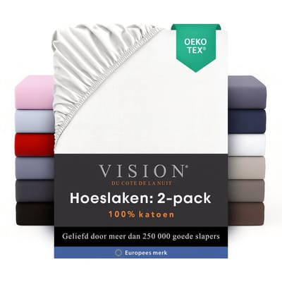 Vision - 2 Hoeslakens - 100% katoen - 90 x 200cm verpakt per 2 stuks - Geschikt voor boxspring matras: ruime hoek van 30cm - Wit - Oekotex gecertificeerd