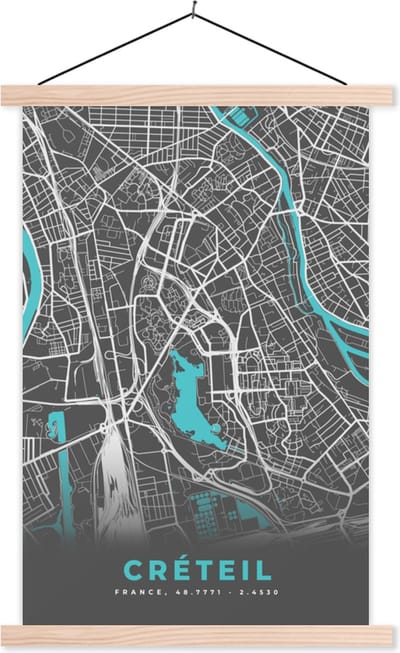 Posterhanger incl. Poster 40x60 cm - Schoolplaat - Créteil - Frankrijk - Plattegrond - Kaart - Stadskaart - Textielposter - Blanke latten - Stadskaart