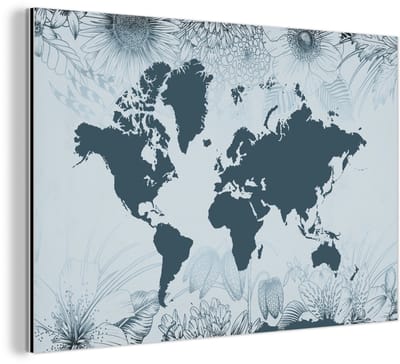 Aluminium schilderij 150x100 cm - Wanddecoratie metaal - Wereldkaart - Retro - Bloemen - Metalen muurdecoratie woonkamer - Decoratie industrieel - Foto op dibond - Industriële accessoires slaapkamer