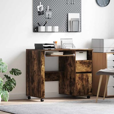 vidaXL - Bureau - met - Wielen - Rook - Eiken - Bewerkt - hout - 91 - x - 50 - x - 77 - cm