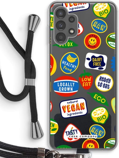 Case Company® - Hoesje met koord geschikt voor Samsung Galaxy A13 4G hoesje met Koord - Fruitsticker - Telefoonhoesje met Zwart Koord - Bescherming aan alle Kanten en Over de Schermrand