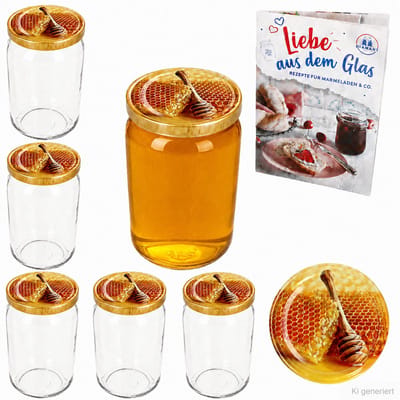 6-delige set ronde glazen 720 ml To 82 Carino honingraatdeksel incl. Diamant Gelierzauber receptenboekje