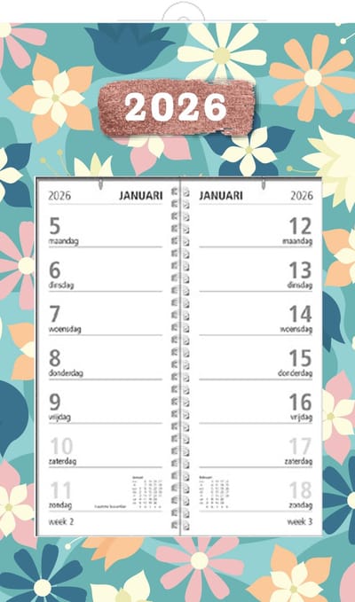 MGPcards - Omlegweekkalender 2026 - Week begint op maandag - 21 x 34 cm - Bloemen - Blauw