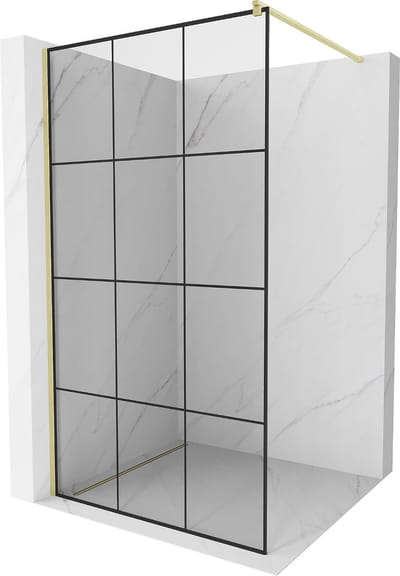 Mexen Kioto douchescherm Walk-in 100 x 200 , zwart raster 8 mm, geborsteld goud - 800-100-101-55-77