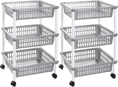 Plasticforte keukentrolley/badkamer trolley - Set van 2x stuks - op wieltjes - 3-laags - zilver - kunststof - 40 x 30 x 61,5 cm