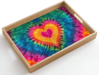 Dienblad hout 50x35 cm - Schootdienblad - Hart - Tie Dye - Kleurrijk - Borrelplank rechthoek - Plateau dienbladen