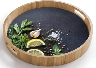 Dienblad rond 40x40 cm - Schootdienblad hout - Verse ingrediënten - Compositie - Artistiek - Borrelplank rechthoek - Plateau houten dienbladen