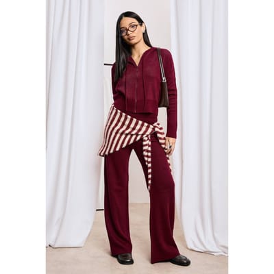 boohoo Dames Stripe Detail Gebreide Hoody en Taille Detail Uitlopende Broek | Bordeaux Rood | Maat: Small