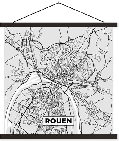 Posterhanger incl. Poster 60x60 cm - Schoolplaat - Kaart - Stadskaart - Rouen - Plattegrond - Frankrijk - Textielposter - Zwarte latten - Stadskaart