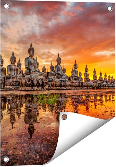 Gards Tuinposter Boeddha Beelden tijdens Zonsondergang - 40x50 cm - Tuindoek - Tuindecoratie - Wanddecoratie buiten - Tuinschilderij