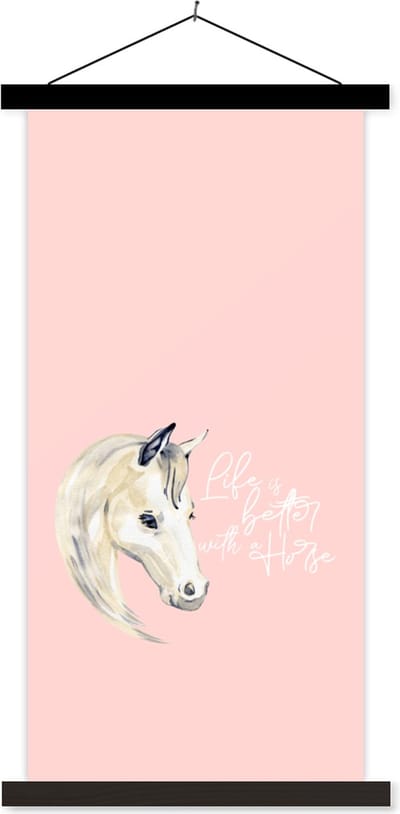 Posterhanger incl. Poster 40x80 cm - Schoolplaat - Quotes - Life is better with a horse - Spreuken - Paarden - Textielposter - Zwarte latten
