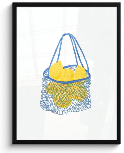 Poster in lijst - Fotolijst 50x70 cm - Posters - Tas - Blauw - Citroenen - Illustratie - Posterlijst zwart - Decoratie - Wanddecoratie woonkamer - Muurdecoratie slaapkamer